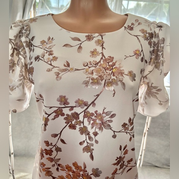 Shelby & Palmer Sheath Dress Women's Size 10 Ruched Sleeve Floral Ivory Stretch - Picture 12 of 16